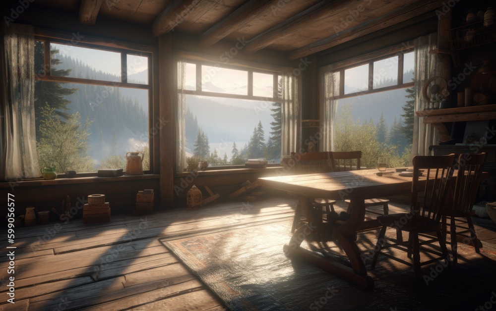 Cozy rustic cabin interior design concept with a beautiful view on the mountains. Generative AI illustration. Cozy rustic cabin interior design concept with a beautiful view on the mountains. Generative AI illustration.