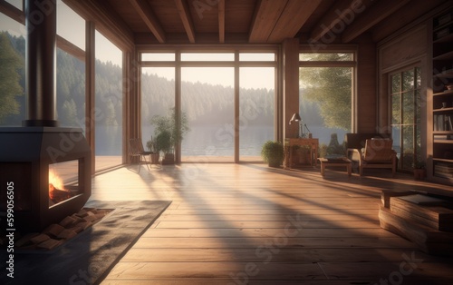 Spacious and cozy luxury living room of a chalet in the mountains. Generative AI illustration. © Tuyres