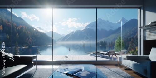 Modern luxury house interior with a perfect view on a lake in the mountains. Generative AI illustration. © Tuyres