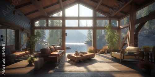 Cozy luxury and modern chalet living room interior design concept with a beautiful view on a lake in the mountains. Generative AI illustration.
