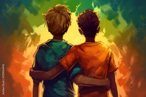 backshot illustration of two kids standing arm in arm, searching for the next advendture, concept for youth, friendship and loyalty, generative ai