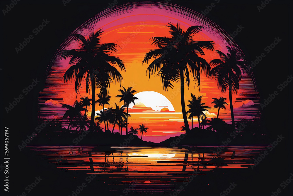 tropical island beach with palm trees and sunset, good reference for tshirt design (generative AI)