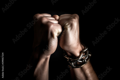 closeup photo of a pair of hands clenched into fists wearing strong steel chain as bracelet, concept for strength and empowerment, generative ai