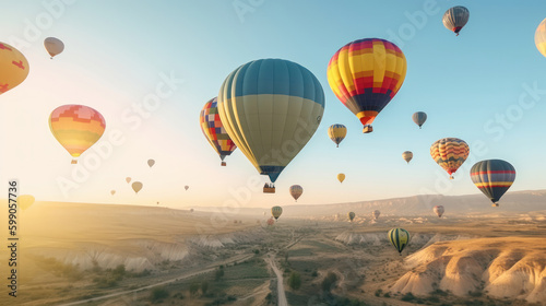 Air balloons on mountain. Illustration AI Generative. © ArtCookStudio