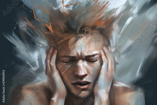 digital painting of a person with painful facial expression grabbing their temples on their head, restless background, concept for stress and mental health in modern business world, generative AI