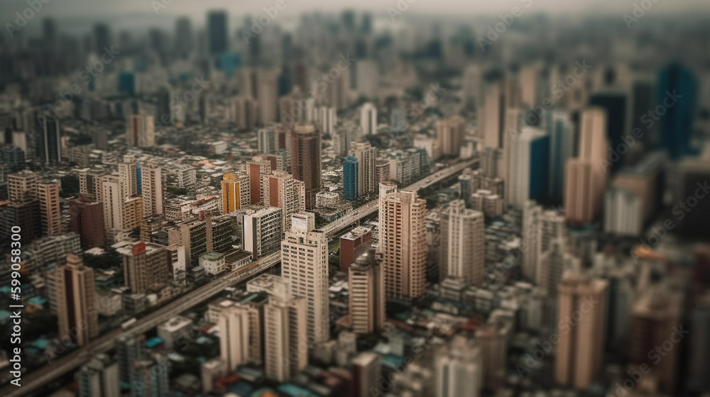 Tilt shift aerial view of the city. Generative ai