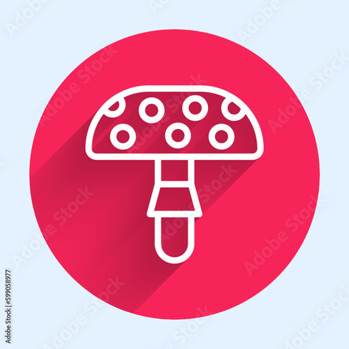 White line Amanita muscaria or fly agaric hallucinogenic toadstool mushroom icon isolated with long shadow background. Spotted poisonous mushroom. Red circle button. Vector