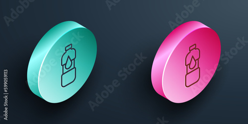 Isometric line Bottle of water icon isolated on black background. Soda aqua drink sign. Turquoise and pink circle button. Vector