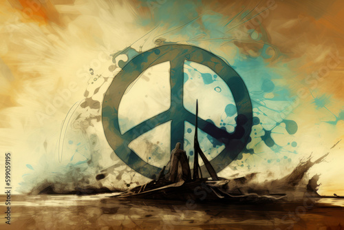 digital painting of peace sign in settled washed out colors, concept for peace, love and humanity, anti war concept, generative AI