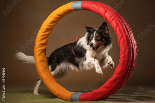 dynamic energetic scene of a dog jumping trough a ring, concept for strength and dynamics in modern business world, generative ai