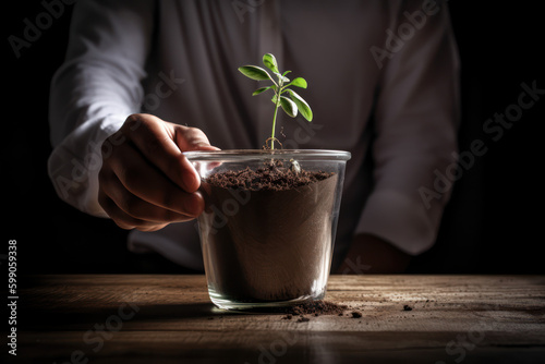 Photo of business man holding glass with young evolving plant symbolizing a fresh start, sustainability and economic growth, generative ai