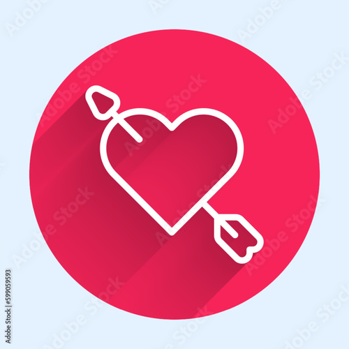 White line Amour symbol with heart and arrow icon isolated with long shadow background. Love sign. Happy Valentines day. Red circle button. Vector