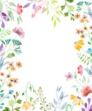 Watercolor floral template with wildflowers. Hand drawn illustration isolated on white background. Vector EPS.
