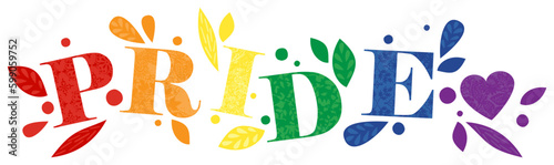 Fun rainbow colored pride letters and leaves, in a cut paper style with textures
