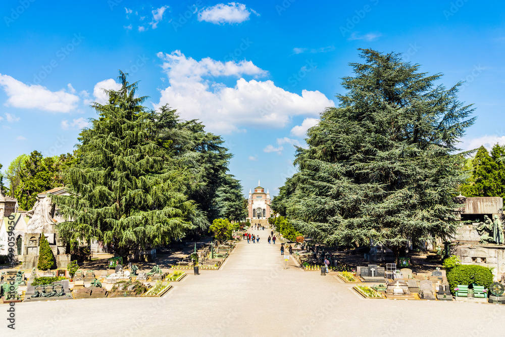 Panoramic view of the hemicycle in the Monumental Cemetery of Milan, Lombardy region, Italy, where many notable people are buried.