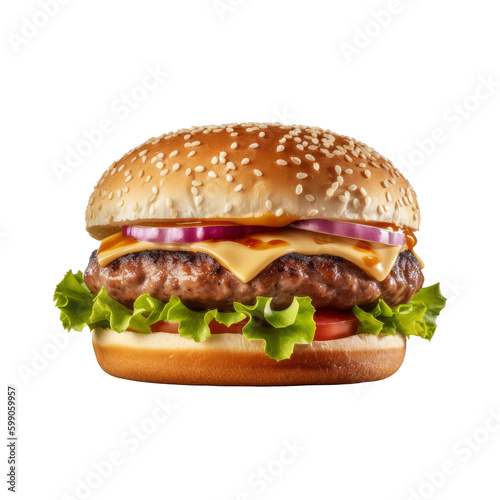 Appetizing burger on a transparent background. Generative AI