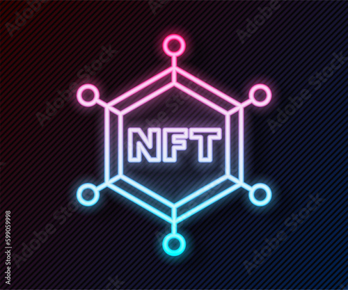 Glowing neon line NFT blockchain technology icon isolated on black background. Non fungible token. Digital crypto art concept. Vector