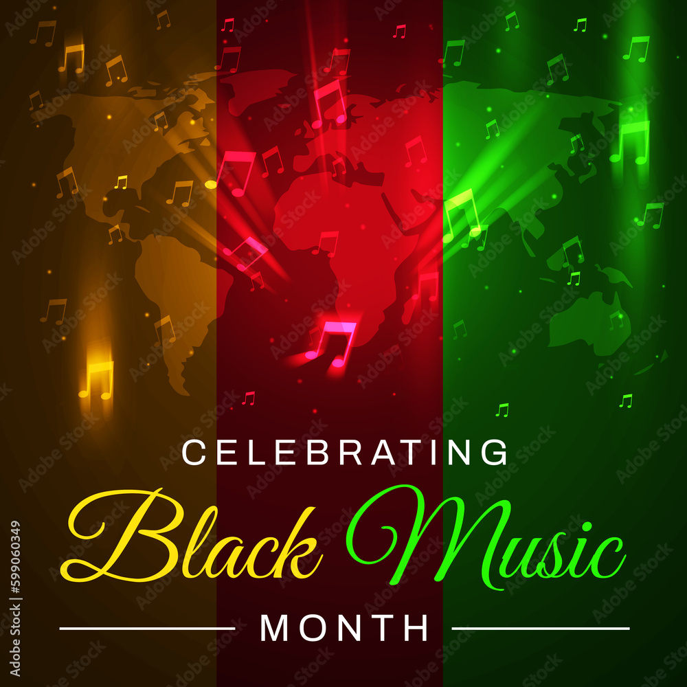 Celebrating Black Music Month wallpaper design with glowing music signs