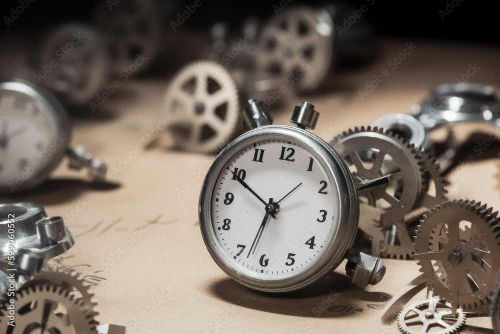 pile of pencils, clockwork gears and analogous clock or stopwatch lying on construction plans or blueprints, time management, project management and strategic planning concept, generative AI