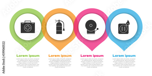 Set First aid kit, Fire extinguisher, Ringing alarm bell and Electric wiring of socket in fire. Business infographic template. Vector