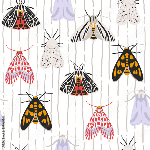 Seamless pattern with different moths and stripes