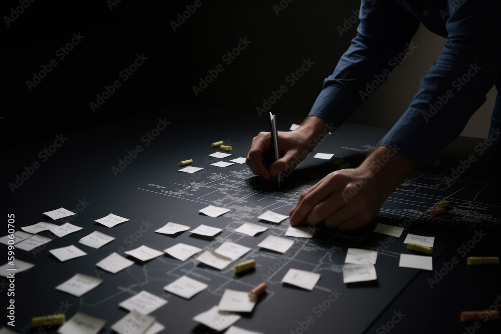 project manager working on project plan or mindmap using sticky notes and mindboard, project management and strategic planing concept, generative AI - obrazy, fototapety, plakaty 
