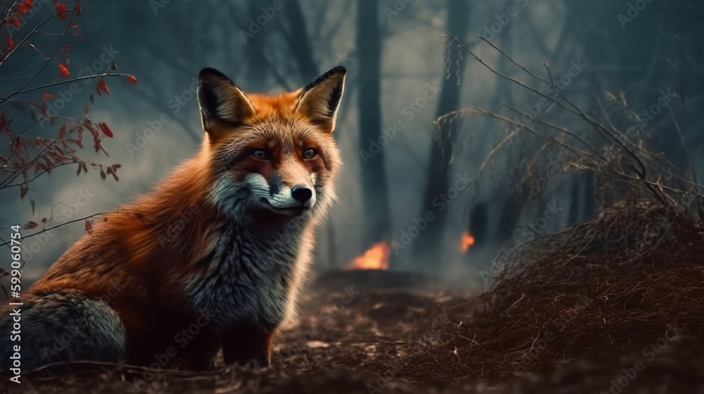 Fototapeta premium A fox is depicted amidst the smoke and flames of a burning forest in the background. Generative AI