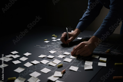 project manager working on project plan or mindmap using sticky notes and mindboard, project management and strategic planing concept, generative AI