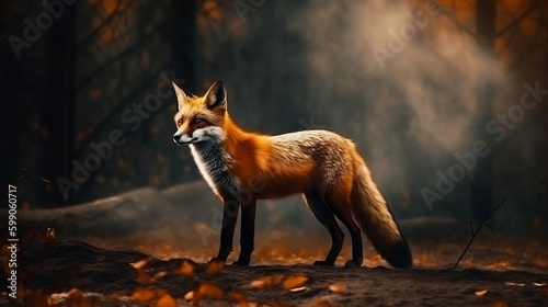 A fox is depicted amidst the smoke and flames of a burning forest in the background. Generative AI © Kateryna Kordubailo
