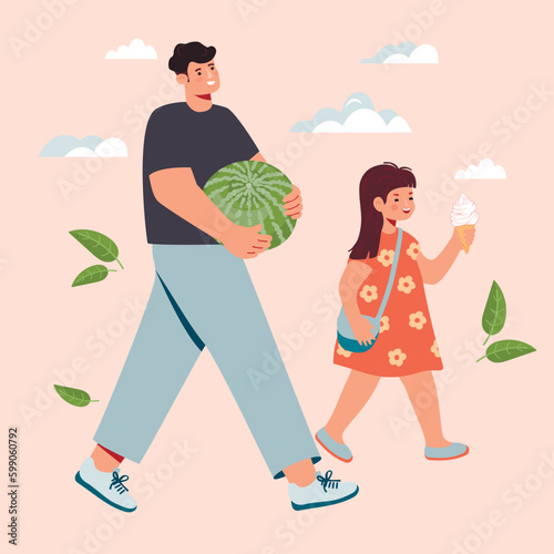 Dad with watermelon and daughter with ice cream. Happy characters go with purchased groceries. Child and parent have fun together.Modern people on pink background.Vector cartoon flat illustration.