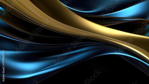 Abstract wavy glossy gold and azure blue background. Generative AI