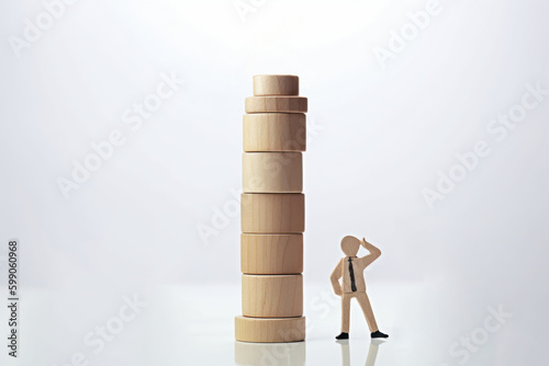 Miniature photography of business person or leader standing next to a large stack of wooden cylinders, concept for Business strategy, project management and successful leadership, generative ai