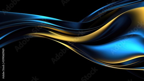 Abstract wavy glossy gold and cyan turquoise background. Generative AI