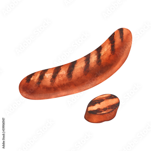 Bilde på lerret Watercolor grilled bratwurst pork sausage and sliced