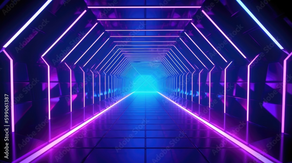 The front door of a room with fluorescent beams of light. Futuristic geometric abstraction, neon lights background. Generative AI The front door of a room with fluorescent beams of light. Futuristic geometric abstraction, neon lights background. Generative AI