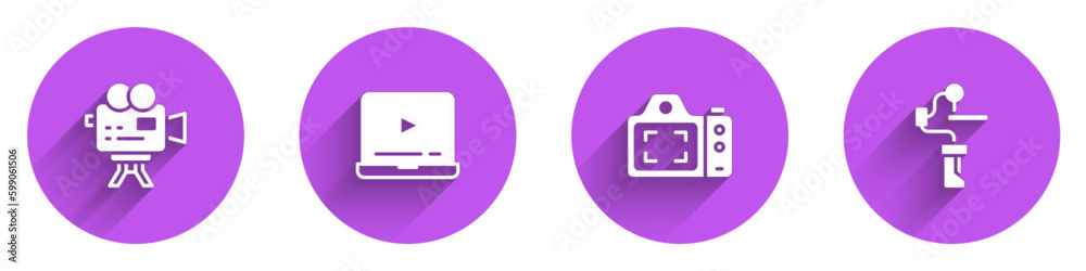 Set Retro cinema camera, Online play video, Photo and Gimbal stabilizer for icon with long shadow. Vector Set Retro cinema camera, Online play video, Photo and Gimbal stabilizer for icon with long shadow. Vector