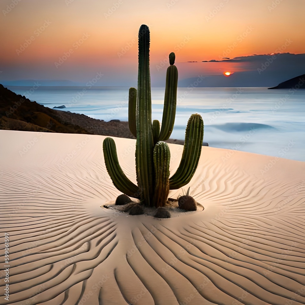 A lone cactus standing tall in the midst of a vast expanse of sand (Ai Generated) A lone cactus standing tall in the midst of a vast expanse of sand (Ai Generated)