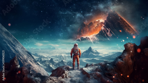 Astronaut in space on alien planet. Illustration AI Generative.