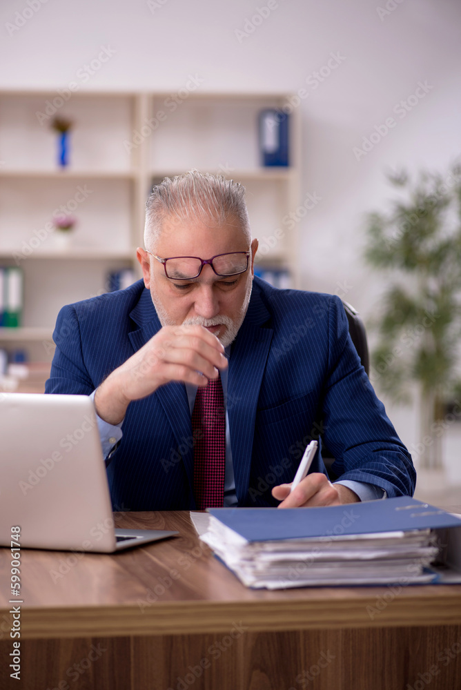 Old male employee working in the office Old male employee working in the office