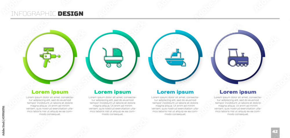 Set Ray gun, Baby stroller, Toy boat and train. Business infographic template. Vector Set Ray gun, Baby stroller, Toy boat and train. Business infographic template. Vector