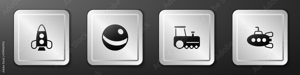 Set Rocket ship toy, Beach ball, Toy train and Submarine icon. Silver square button. Vector