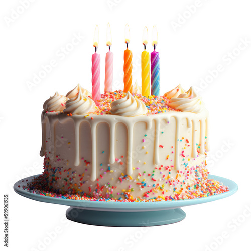 Birthday cake with lit candles on a white background. Generative AI