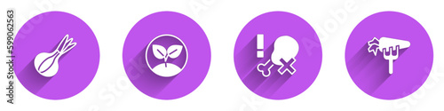 Set Onion, Sprout, No chicken leg and Carrot icon with long shadow. Vector