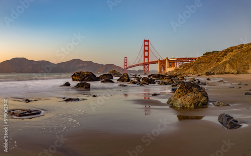 Golden Gate Bridge and Baker Beach Rocks at Sunset