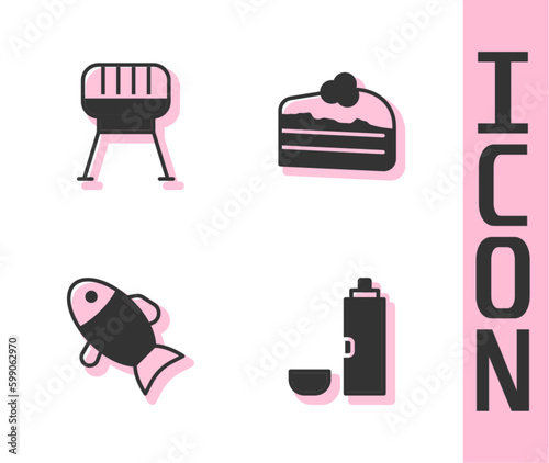 Set Thermos container, Barbecue grill, Fish and Piece of cake icon. Vector