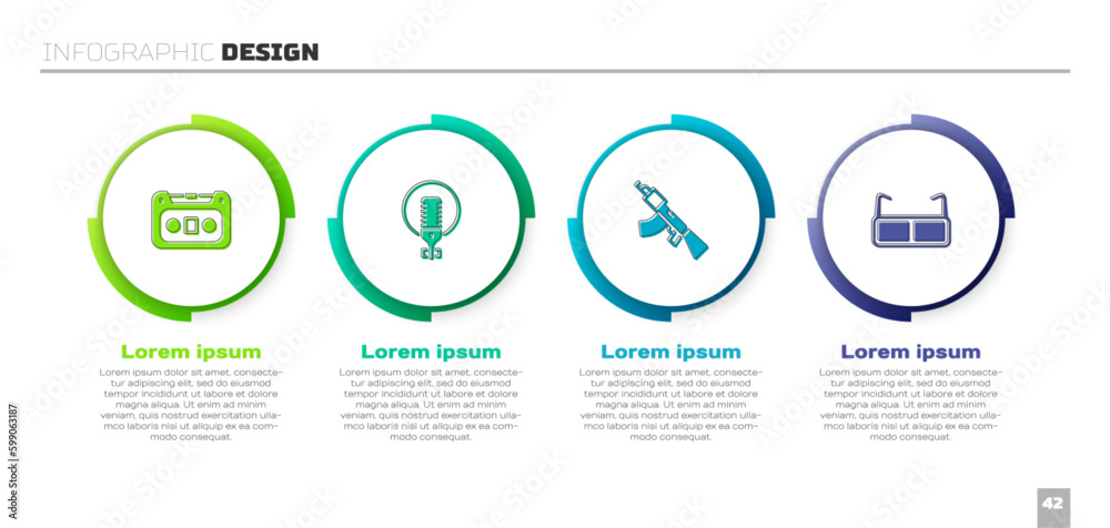 Set Retro audio cassette tape, Microphone, Submachine gun and Glasses. Business infographic template. Vector Set Retro audio cassette tape, Microphone, Submachine gun and Glasses. Business infographic template. Vector