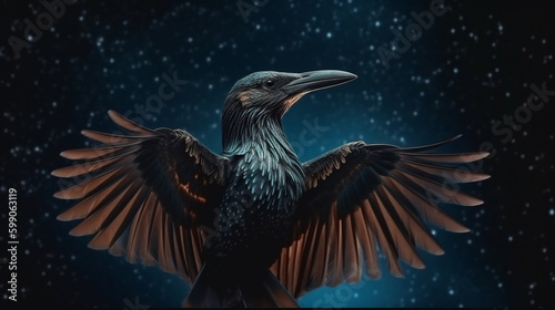  crow flying in the night sky with stars.generative ai © S...