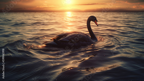 Swan swimming on the lake at sunset. Beautiful seascape.generative ai