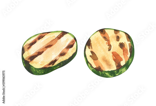 Watercolor delicious sliced grilled zucchini. Hand-drawn illustration isolated on white background. Perfect for menu cafe, restaurant, recipe book, cooking