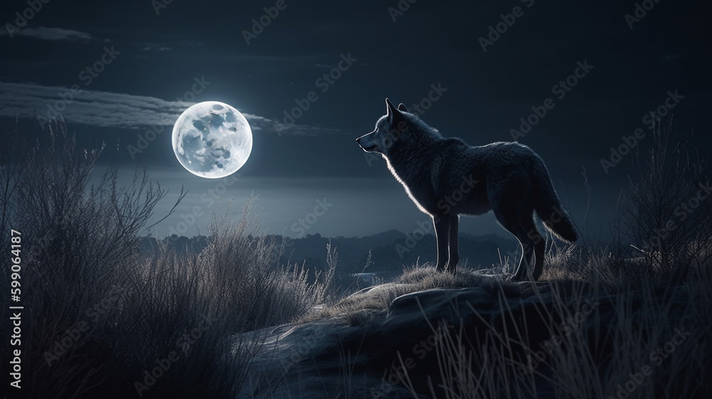 Wolf in the forest at night with full moon. generative ai Wolf in the forest at night with full moon. generative ai